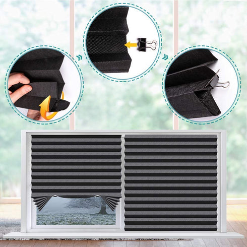 SEEYE Blackout Temporary Blinds Cordless Shades Fabric Pleated Fabric Shade Easy to Cut and Install, 48" W x 72" L - 1 Pack, Black?with 2 Clips