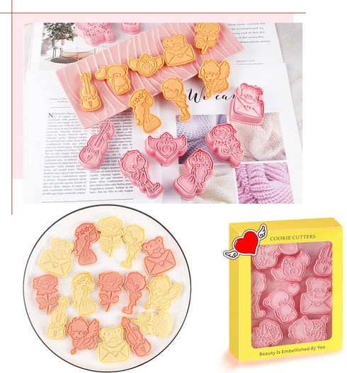 Lovely 3d Valentine's Day Cookie Cutters Set, Angel Heart, Red Rose, Romantic Violin, Couple in Love, Love Letter, Cute Bear, Cupid Arrow for Valentine Party Baking Gift (Pack of 16)