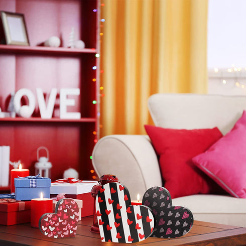 3 Pieces Valentine's Day Heart Wood Sign Reversible Heart Tray Decor Love Heart Shape Home Decor Double Side Printed Freestanding Table Decorations for Valentines Day Wedding Party (Lovely Style)