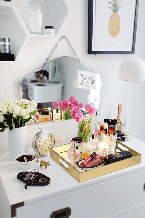 Vixdonos Decorative Mirror Tray Gold Serving Tray Bathrooom Vanity Tray for Makeup on Dresser or Coffee Table,16.2'' X 12.2" X 2''