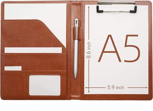 Junior Padfolio Clipboard Small for 7 x 9 Writing Pad Refillable, Mymazn Faux Leather Folder A5 for Folio Notepad Legal pad 5 x 8 Junior Size Folio Portfolio (Brown)