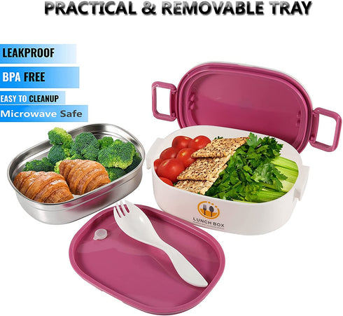 Bento Box for Kids & Adults, Leakproof Lunch Food Containers Salad Boxes, Includes Sauce Cup & Utensils, BPA-free, Microwave Safe - Perfect for Keeping items Cold, Fruit, Snack, 23oz Pink