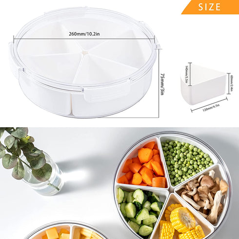 Round Plastic Divided Serving Tray with Lids, Snack fruit tray, 5 Compartment Round Food Storage Lunch Organizer, food storage lunch storage box, vegetarian candy snack party appetizer tray
