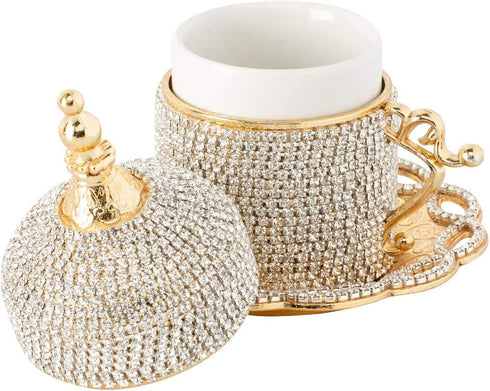 Demmex Turkish Coffee Espresso Cup with Inner Porcelain, Metal Holder, Saucer and Lid (Gold with Crystals)
