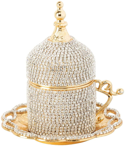 Demmex Turkish Coffee Espresso Cup with Inner Porcelain, Metal Holder, Saucer and Lid (Gold with Crystals)