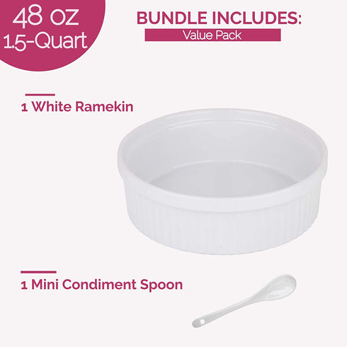 Souffle Dish Ramekins for Baking 48 Oz, 1.5 Quart Large Ceramic Oven Safe Round Fluted Ramekin Bowl with Mini Condiment Spoon for Soufflé Pot Pie Casserole Pasta Roasted Vegetables Baked Desserts