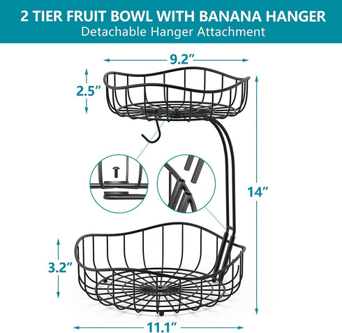 Updated - MaraFansie 2 Tier Countertop Fruit Basket with Banana Hanger, Bread Vegetables Fruit Bowl Wire Basket Kitchen Decor, Black