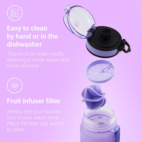 Live Infinitely 34 oz Gym Water Bottle with Time Marker - Fruit Infuser Screen BPA Free 1 Liter Water Bottle - Locking Flip Top Lid & Durable Travel Bottle Coating (Amethyst 34oz)