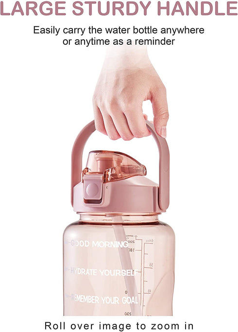 EYQ Half Gallon/64 oz Water Bottle with Time Marker, Carry Strap and Motivational Quote, Leak-Proof Tritan BPA-Free, Ensure You Drink Enough Water for Fitness, Gym, Camp, Sports (Clear Rose pink)