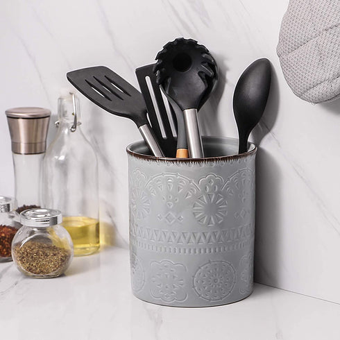DOWAN Kitchen Utensil Holder, 7.2? Extra Large Utensil Holders for Countertop, Heavy Ceramic Utensil Crock, Anti Slip & Scratch Cork Bottom, Grey Utensil Organizer for Home Décor