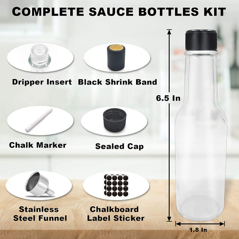 GMISUN Mini Hot Sauce Bottles 5 oz - 24 Pack Woozy Bottles with Black Caps, Shrink Capsules, Dripper Inserts, Funnel and Labels, Small Glass Bottle Dispenser for Homemade Hot Sauces, Dressings, Juice