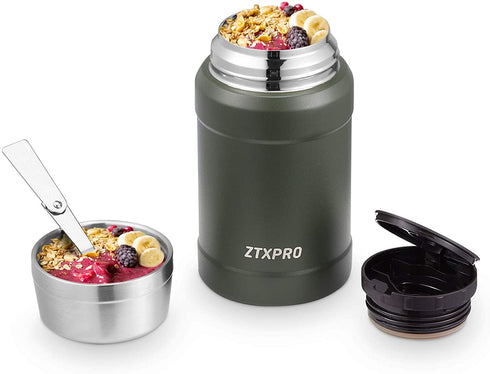ZTXPRO Thermos Food Jar Insulated Lunch Container for Hot & Cold Food 27 oz Stainless Steel Wide Mouth Soup Thermos with Folding Spoon for School/Work/Travel/Outgoing - Olive