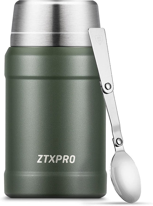 ZTXPRO Thermos Food Jar Insulated Lunch Container for Hot & Cold Food 27 oz Stainless Steel Wide Mouth Soup Thermos with Folding Spoon for School/Work/Travel/Outgoing - Olive