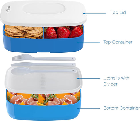 Bentgo Classic - All-in-One Stackable Bento Lunch Box Container - Modern Bento-Style Design Includes 2 Stackable Containers, Built-in Plastic Utensil Set, and Nylon Sealing Strap (Blue)