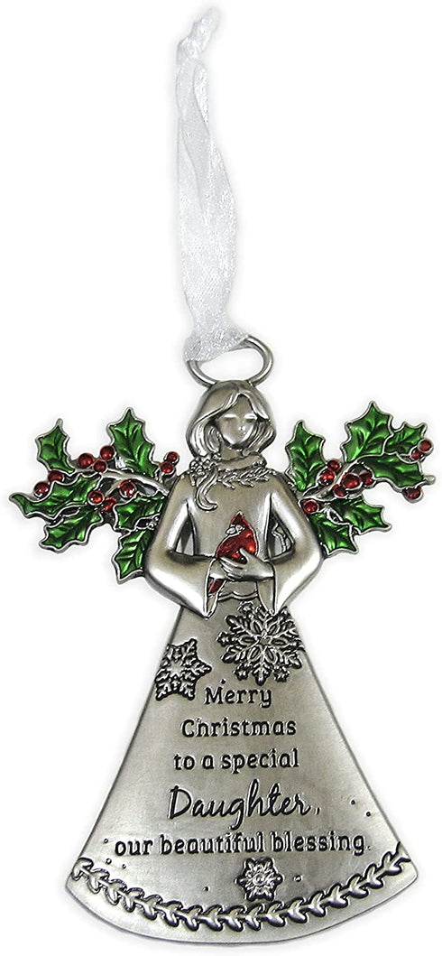 Daughter Angel with Holly Ornaments Merry Christmas to a Special Daughter Our Beautiful Blessing for Holiday Christmas Tree Décor Gifts from Mother, Father Presented in a Red Christmas Bag n Gift Box