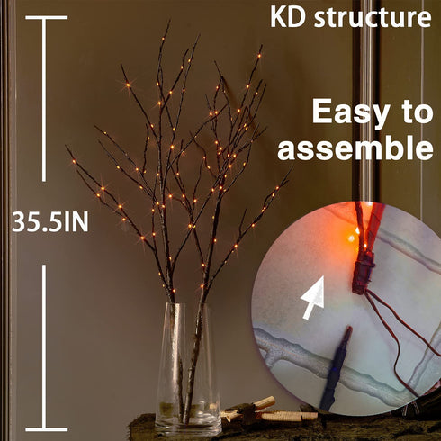 Fudios Halloween Lighted Branches with Timer 100L Orange Fairy Lights 35IN, Artificial Black Branch Lights for Halloween Battery Operated Home Decor Indoor Outdoor Use