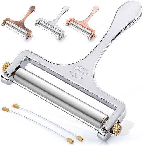 Zulay Cheese Slicer With Adjustable Thickness - Wire Cheese Slicer For Mozzarella Cheese, Cheddar Cheese, Gouda Cheese - Cheese Slicers For Block Cheese Heavy Duty With 2 Extra Wires (Silver)