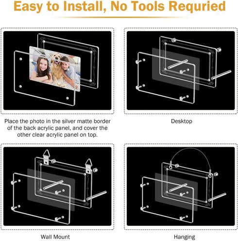 Mixoo 4x6 Picture Frame - Multi-purpose Acrylic Glass Photo Frame with Customized Pattern and 6 Display Versions for Desktop/Wall Mount/Hanging Display Horizontally or Vertically