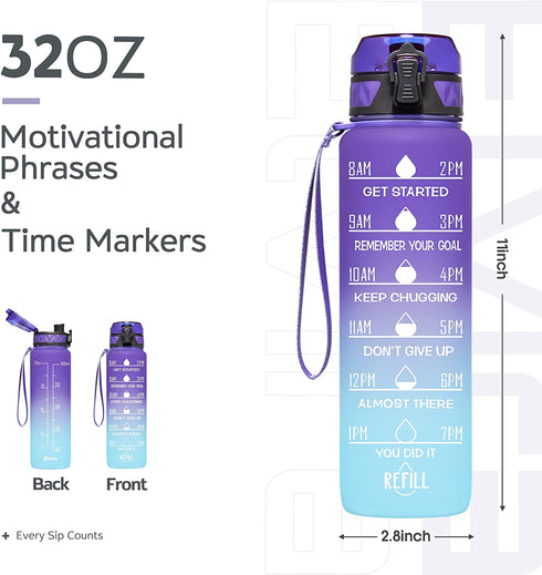 Elvira 32oz Motivational Fitness Sports Water Bottle with Time Marker & Removable Strainer,Fast Flow,Flip Top Leakproof Durable BPA Free Non-Toxic