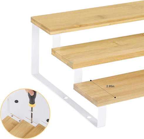 MOOACE 3 Tier Expandable Spice Organizer (15.35"-22.2"L), Bamboo Spice Rack Organizer for Cabinet Countertop Pantry, Set of 2 (White)