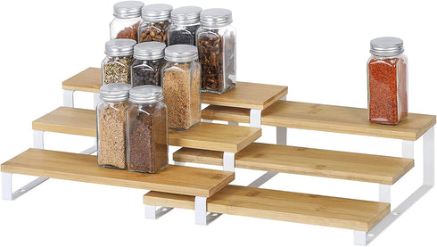 MOOACE 3 Tier Expandable Spice Organizer (15.35"-22.2"L), Bamboo Spice Rack Organizer for Cabinet Countertop Pantry, Set of 2 (White)
