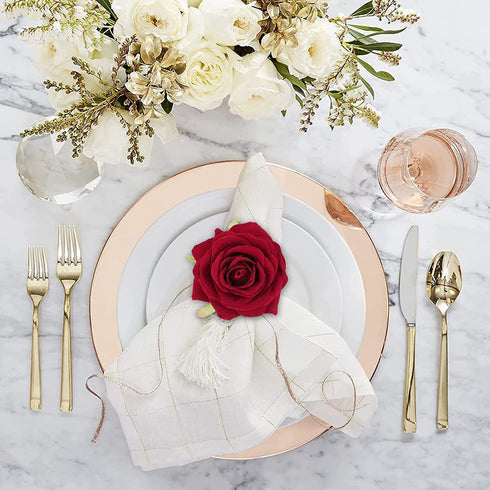 Valentine's Day Rose Napkin Rings Set of 6, Artificial Rose Napkin Rings with Gold Metal Holder Design for Wedding Party Holiday Banquet Anniversary Dining Table Settings Decor (Red Rose)