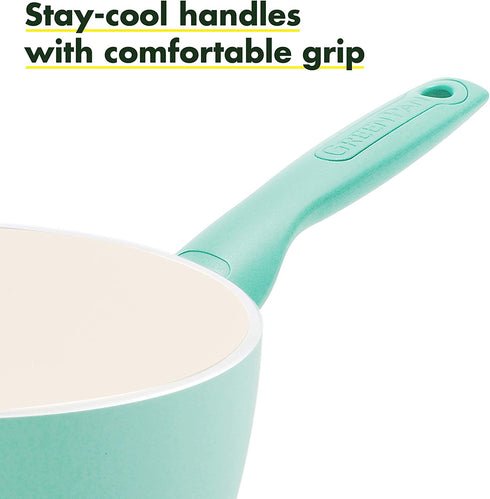 GreenPan Rio Healthy Ceramic Nonstick 1QT Saucepan Pot with Lid, PFAS-Free, Dishwasher Safe, Turquoise