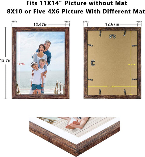 Q.Hou 11x14 Picture Frames Wood Patten Rustic Brown Set of 2, Each Frame with 2 Mats,Display 8x10 or Five 4x6 Photos with Mat & 11x14 Picture Without Mat for Wall Mount (QH-PF11X14-BR)