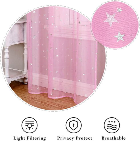 Wubodti Star Pink Curtains for Nursery- 2 Panels of Semi Sheer Privacy Curtain Drapes with Silver Starry Stars, Rod Pocket Pastel Light Filter Window Treatments for Girls Baby Kids Room,63 Inches