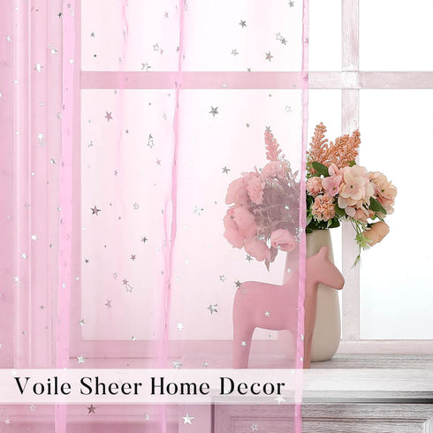 Wubodti Star Pink Curtains for Nursery- 2 Panels of Semi Sheer Privacy Curtain Drapes with Silver Starry Stars, Rod Pocket Pastel Light Filter Window Treatments for Girls Baby Kids Room,63 Inches