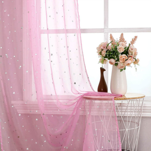 Wubodti Star Pink Curtains for Nursery- 2 Panels of Semi Sheer Privacy Curtain Drapes with Silver Starry Stars, Rod Pocket Pastel Light Filter Window Treatments for Girls Baby Kids Room,63 Inches