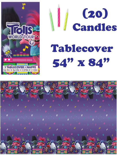 Trolls Theme Birthday Party Supplies - Serves 16 - Tablecover, Plates, Cups, Napkins, Candles