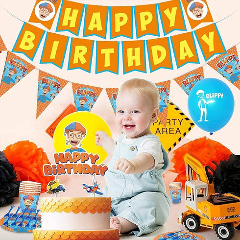 VWORK Blippi Party Supplies, Blippi Birthday Party Decorations for Kids and Teens, Include Banner, Hanging Swirls, Balloons, Cake Toppers, Plates