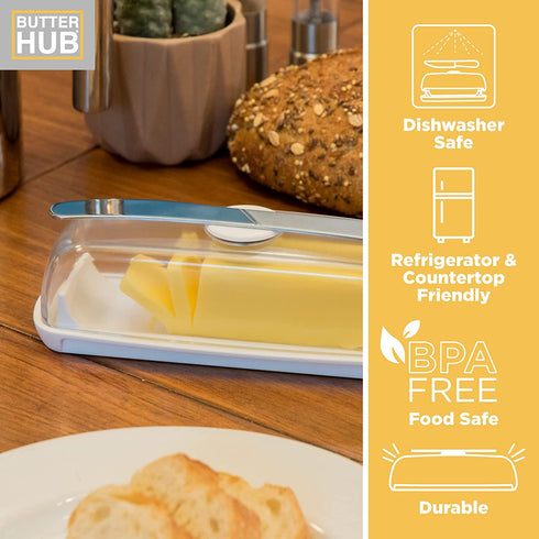 Butter Hub Extra Large Butter Dish with Lid and Knife, European Size Magnetic Butter Keeper, Easy Scoop, No Mess Lid, Plastic, Dishwasher Safe (Clear)