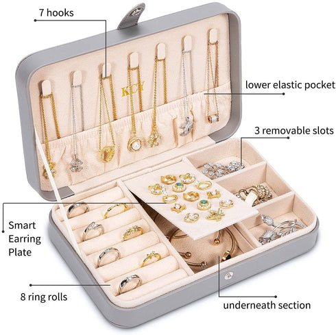 KCY Jewelry Box for Girls Women,Small Travel Jewelry Organizer Case,PU Leather Portable Jewellery Storage Boxes Display Holder for Ring Earrings Necklace Bracelet Bangle , Men Teen Kids Gift, Grey