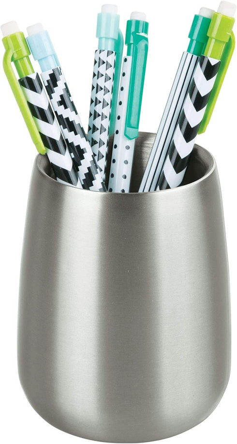 iDesign Nogu Metal Tumbler Cup, Holder for Makeup Brushes, Toothbrushes, Glasses, Brushes on Bathroom, Vanity Countertops, College Dorm, Bedroom Desks, 3.25" x 3.25" x 4" - Brushed Stainless Steel