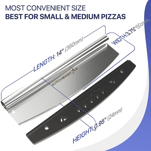14 Pizza Cutter by KitchenStar | Sharp Stainless Steel Slicer Knife - Rocker Style w Blade Cover | Chop and Slices Perfect Portions + Dishwasher Safe Premium Pizza Oven Accessories