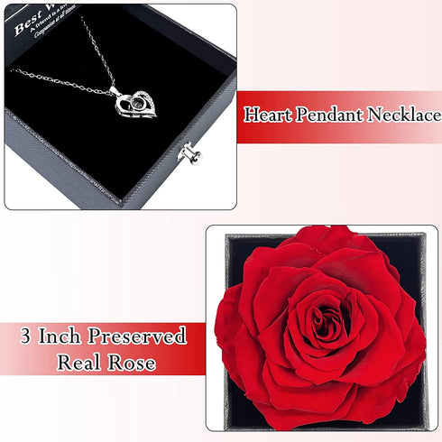 TURNMEON Preserved Red Real Rose with I Love You Necklace in 100 Languages,Enchanted Rose Flower Card Jewelry Storage Box Romantic Gift for Her Wife Girlfriend Women Valentines Day Anniversary Wedding