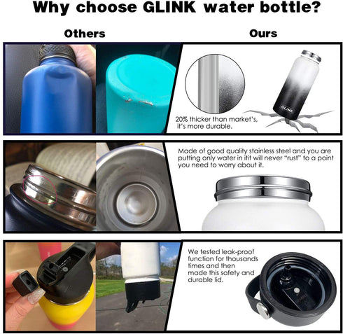 Glink Stainless Steel Water Bottle with Straw, 12-64 oz Wide Mouth Double Wall Vacuum Insulated Water Bottle Leakproof, Straw Lid and Spout Lid with New Rotating Rubber Handle