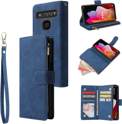 LOWPZNVE Wallet Case for TCL 10 5G UW Verizon,TCL 10 5G UW Case,Leather Handbag Zipper Pocket Card Holder Slots Wrist Strap Flip Protective Phone Cover for TCL 10 5G UW (Blue)