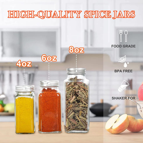6 oz Empty Glass Spice Jars,Set of 16,Square Glass Seasoning Jars & Salts Containers with Metal Caps and Shaker Lids for Home & Kitchen. Include 1 Pen,1 Funnels and 40 Labels.