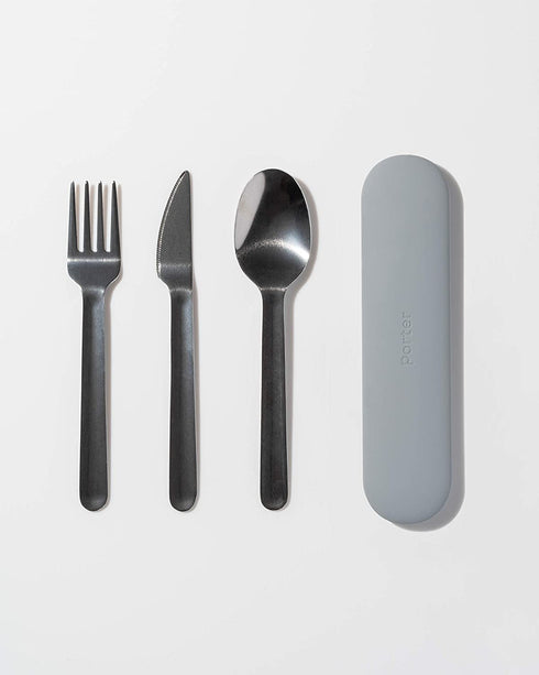 W&P Porter Stainless Steel Utensils with Silicone Carrying Case | Slate | Spoon, Fork & Knife for Meals on the Go | Portable and Compact Set