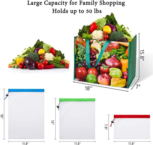 Kitchen Reusable Grocery Bags Set of 6 Heavy Duty Foldable Shopping Tote with 6 Pcs Mesh Produce Bags for Groceries Food Strong Durable Extra Large Bulk Fruit Vegetable Bag with Handles Easy to Clean