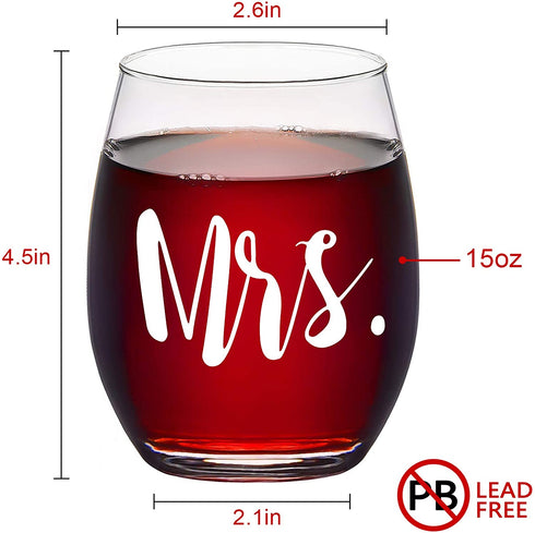 Modwnfy Mrs and Mrs Stemless Wine Glass Set of 2, Couple Set for Her Wife Girlfriend Lesbian Couple, Unique Gift Idea for Wedding Engagement Valentines Day Birthday Anniversary, 15 Oz