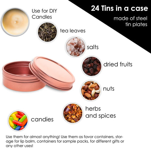 Mimi Pack 24 Pack Tins 1 oz Shallow Round Tins with Solid Screw Lids Empty Tin Containers Cosmetics Tins Party Favors Tins and Food Storage Containers (Rose Gold)