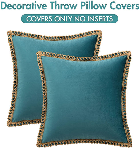 AQOTHES Pack of 2 Velvet Decorative Farmhouse Burlap Trimmed Tailored Edges Decor Pillow Cover Cushion Throw Pillows for Couch Sofa, 18 x 18 Inch, Teal