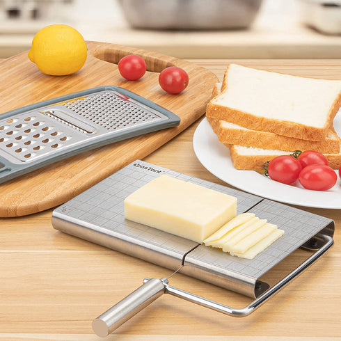 YasTant Professional Cheese Slicer for Block Cheese, Luxury Size Cheese Cutter Stainless Steel Cheese Slicer Board with Wire Cutter Heavy Duty, Perfect for Soft Semi Hard Cheese Grey