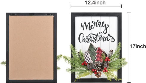 Lvydec Christmas Haning Wall Sign Decoration, 17 x 12 Inch Merry Christmas Hanging Sign Rustic Farmhouse Door Sign with a Small Wreath for Front Door Wall Window Holiday Decoraiton