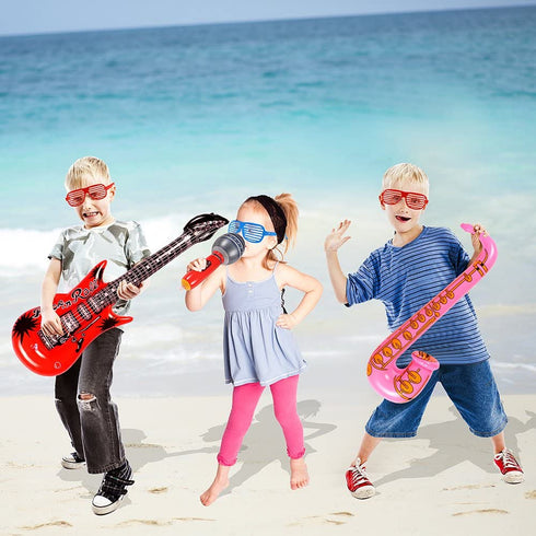 20 Pack Inflatable Rock Star Toy Set Music Instruments Party Props 6 Inflatable Guitars, 6 Inflatable Microphones, 6 Shutter Shading Glasses, 1 Inflatable Piano and 1 Inflatable Saxophone