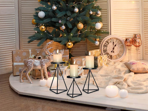 MAINFOR Candle Holder for Pillar Candle Stand Candlesticks, Holiday Wedding Fireplace Geometric Decor Candles Holder for Table Centerpiece, Set of 3 Black Wrought Iron Tall Candle Stick Holder Floor